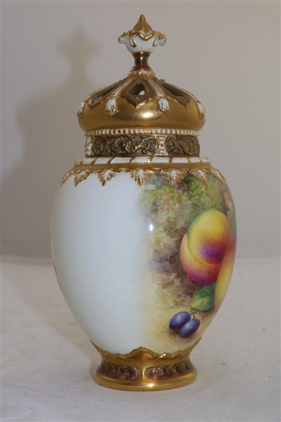 A Royal Worcester fruit painted pot pourri vase, inner cover and pierced cover, c.1957, 24.1cm (9.5in.)